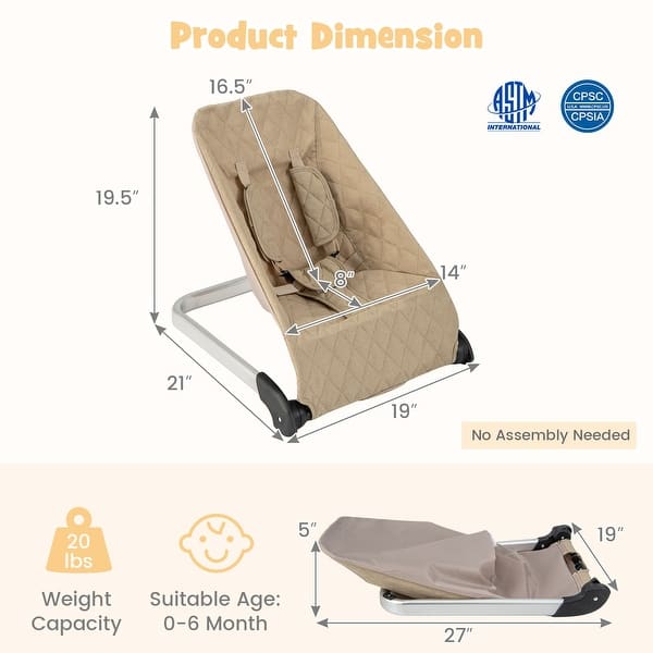 dimension image slide 1 of 3, Baby Bouncer Seat with Aluminum and Metal Frame - 21”L x 19”W x 19.5”H