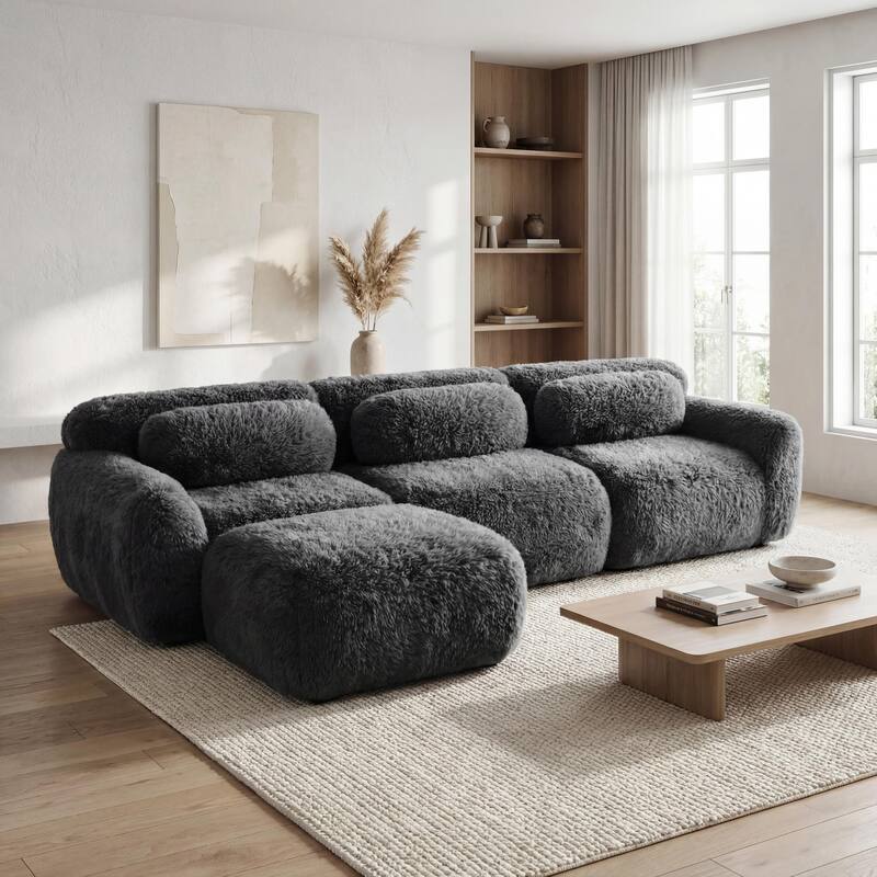 Homy Casa Modular Sectional Sofa, Dark Grey Plush Fabric with Non-Slip Base, No Assembly Living Room Couch with Pillows - G05
