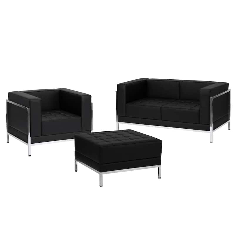 LeatherSoft Modular Loveseat, Chair & Ottoman Set w/Taut Back &Seat - 28.75"D x 27.25"H - 28.75"D x 27.25"H - Black