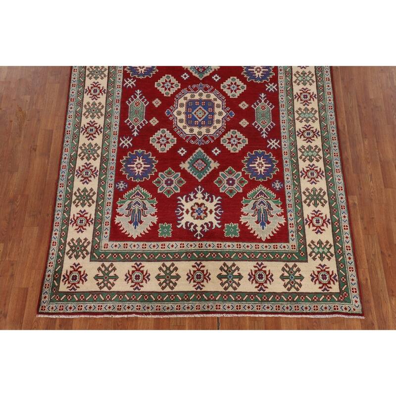 Red Geometric Kazak Oriental Area Rug Hand-Knotted Wool Carpet - 5'8" x 8'4"