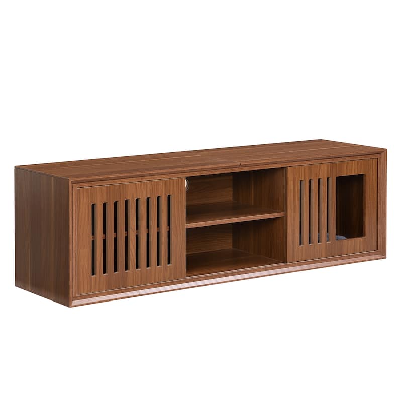TV Stand with Slatted Doors, Cat-Friendly Private Compartments, Wood Media Console with Adjustable Length