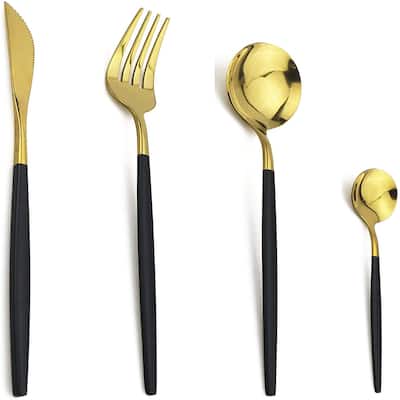 24-Piece Flatware Set, 18/0 Stainless Steel Knife Fork Spoon Teaspoon Silverware Set, Service for 6, Black Handle Gold - 24PCS