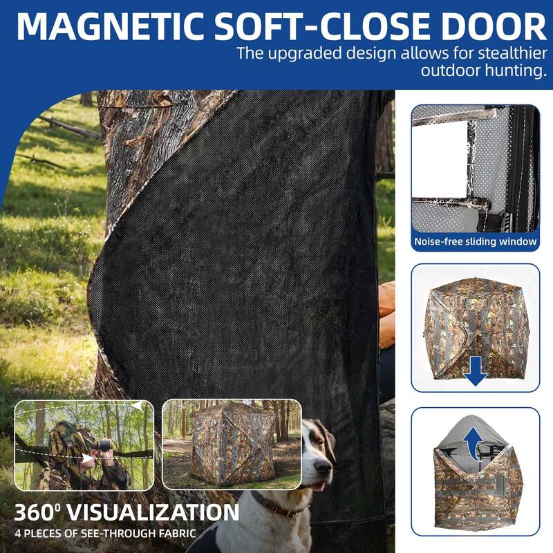 Moasis Hunting Blind 2-3 Person with Hunting Stool, 360 Degree See Through Pop up Ground Blinds for Hunting