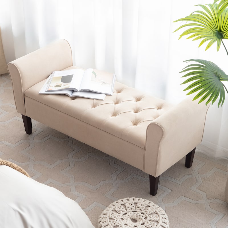 Arm Fabric Storage Ottoman Bench with Solid Wood Legs, 48"W x 18"D x 23"H
