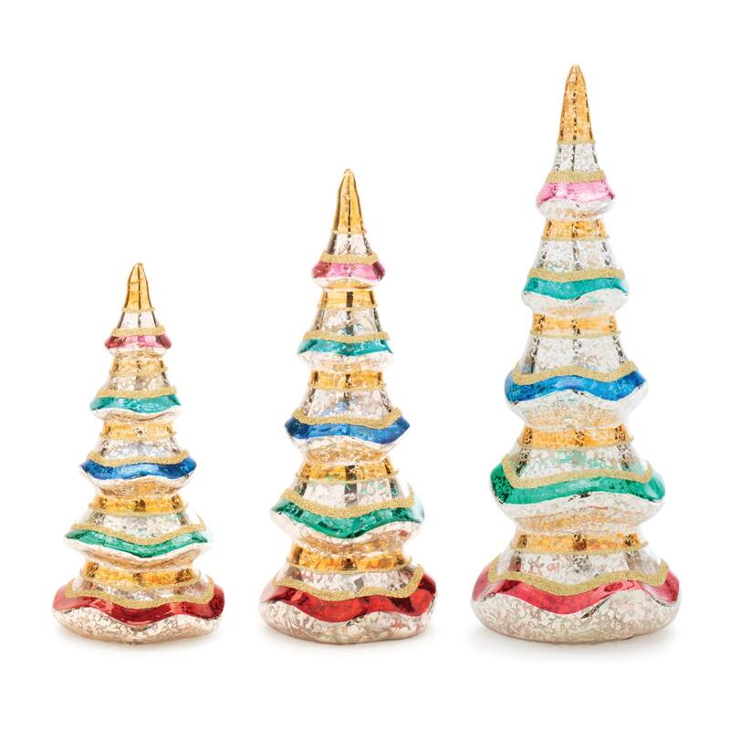 HomeRoots Set of Three Silver Gold Red And Green Mercury Glass Christmas Tree Sculptures - 4.25 in. x 11.50 in. x 4.25 in.