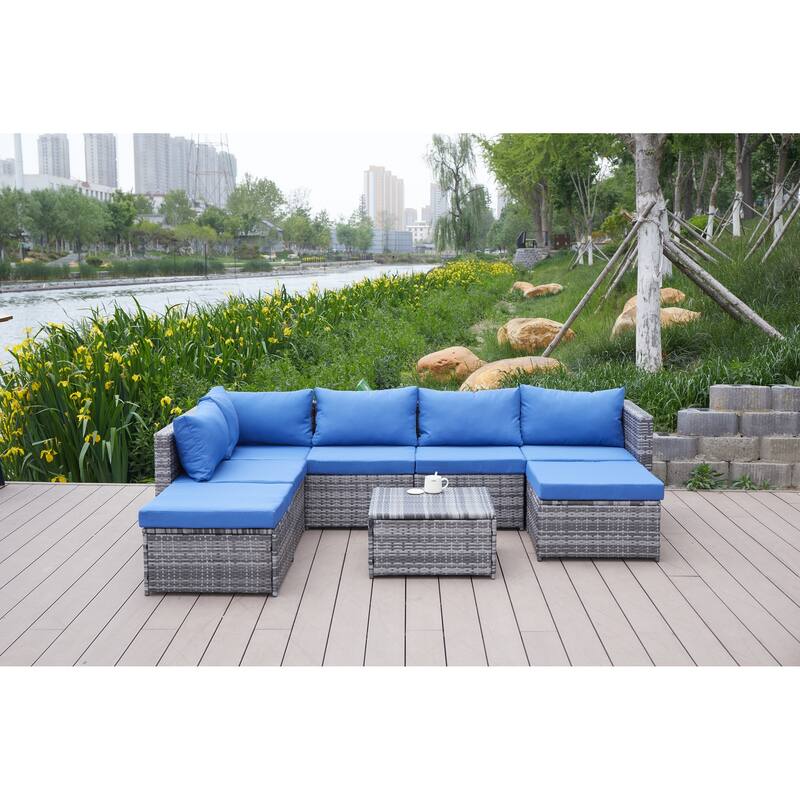 8 Pcs Patio Sectional Sofa Set, All-Weather Outdoor PE Rattan Wicker Conversation Furniture Set with Cushions and Tea Table