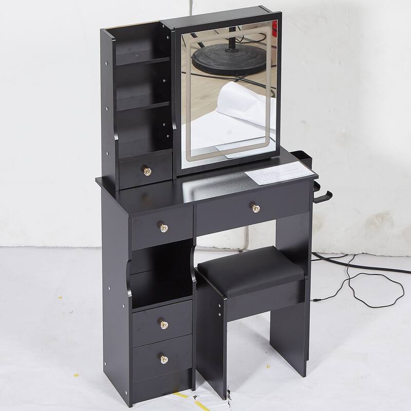 29.2" Small Size Left Drawer Desktop Vanity Table + Cushioned Stool, 2 AC+2 USB Power Station, Hair dryer bracket