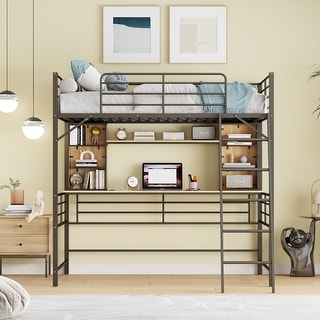 Metal Loft Bed with All-in-one Cabinet Storage Shelf Underneath, Wooden Desk, Guardrails and Ladder, Black Full Loft Metal Bed