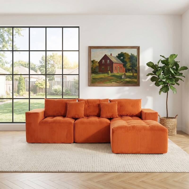 101.18" Corduroy Modular Sectional Sofa with Ottoman, No Assembly Required