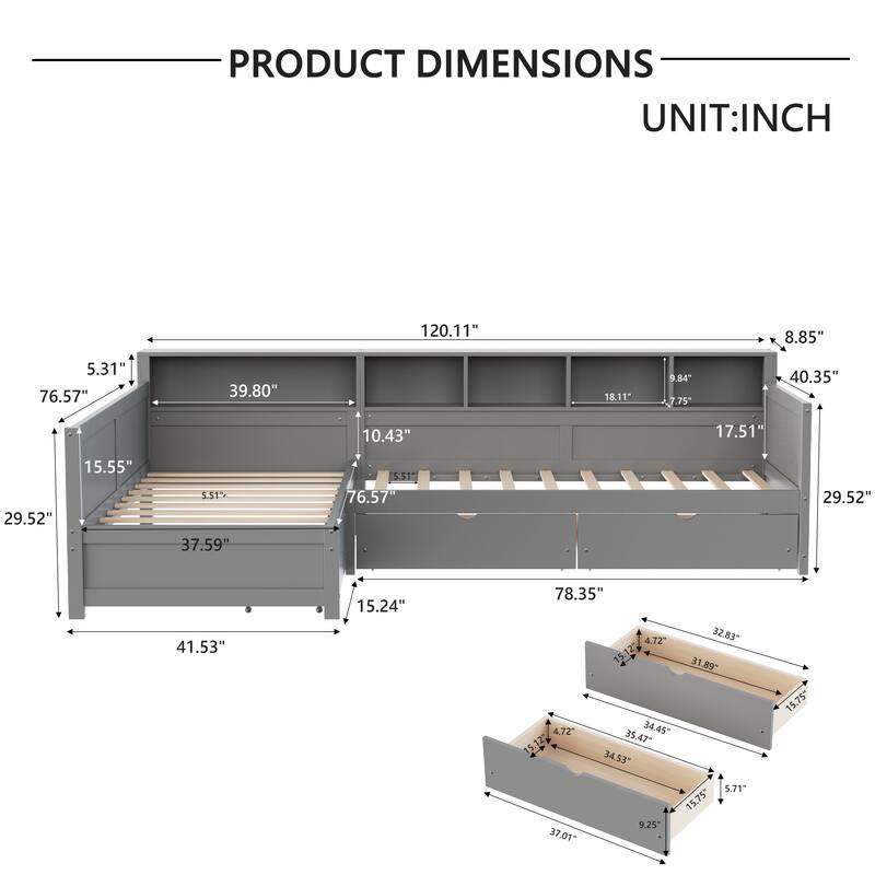 Twin Size L-Shape Daybed with 3 Pull-out Drawers, Wooden Corner Bed Frame with Storage Bookshelf