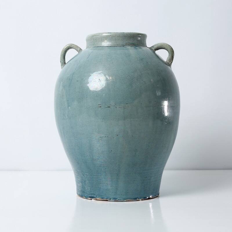 Approx. 12" H Vintage Style Blue-Green Vase with Two Handles (4.5" Opening)