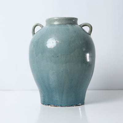 Approx. 12" H Vintage Style Blue-Green Vase with Two Handles (4.5" Opening)
