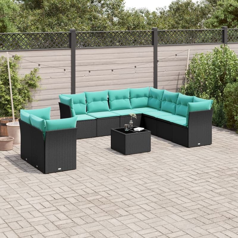 vidaXL 9 Piece Patio Sofa Set with Cushions Black Poly Rattan - 48.8x27.2x24.4-With table