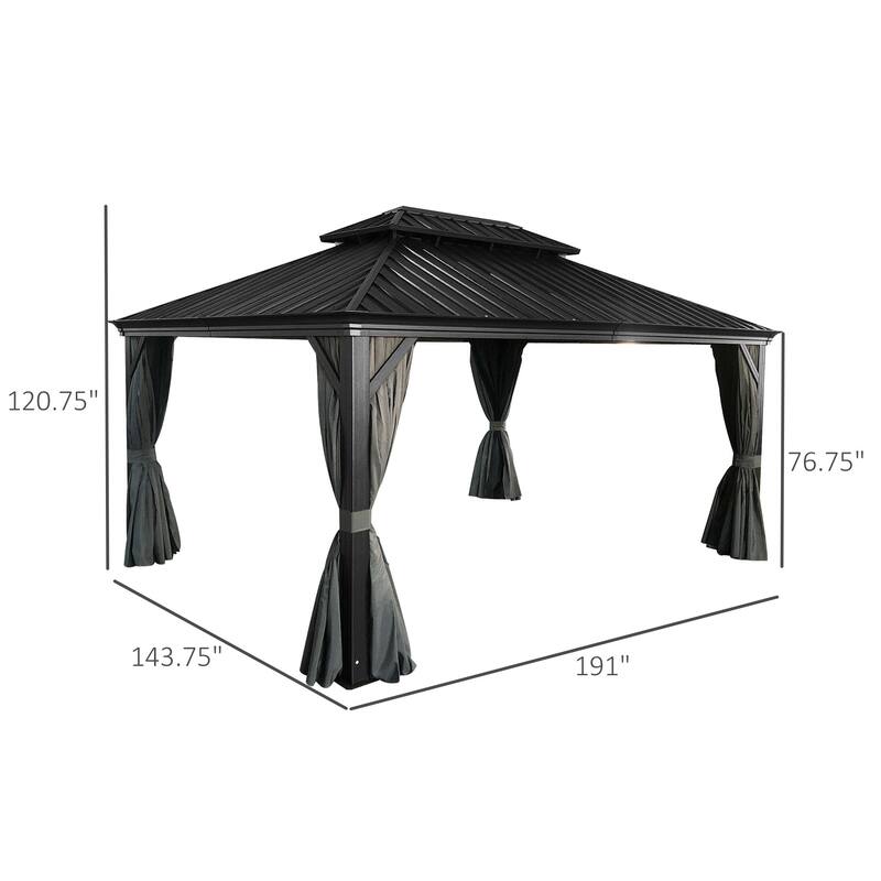 Outsunny 16' x 12' Hardtop Patio Gazebo Canopy Outdoor Pavilion with Galvanized Steel Frame, Netting Sidewalls, Curtains