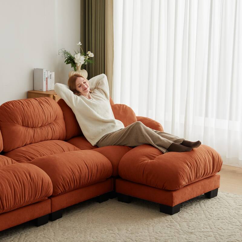 116" Chenille Pleated Design Sectional Sofa with Ottoman and 2 Round Pillows