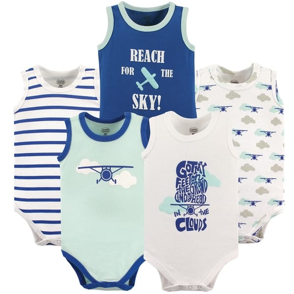 slide 1 of 1, Luvable Friends Baby Boy Cotton Sleeveless Bodysuits 5pk, Airplane 12-18 Months - Airplane