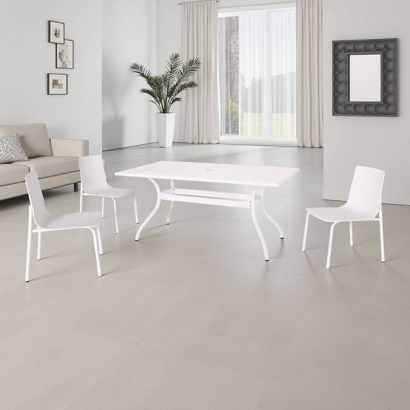 Toni Table, 67 Inch Rectangular Lattice Top, Saber Legs, White Aluminium