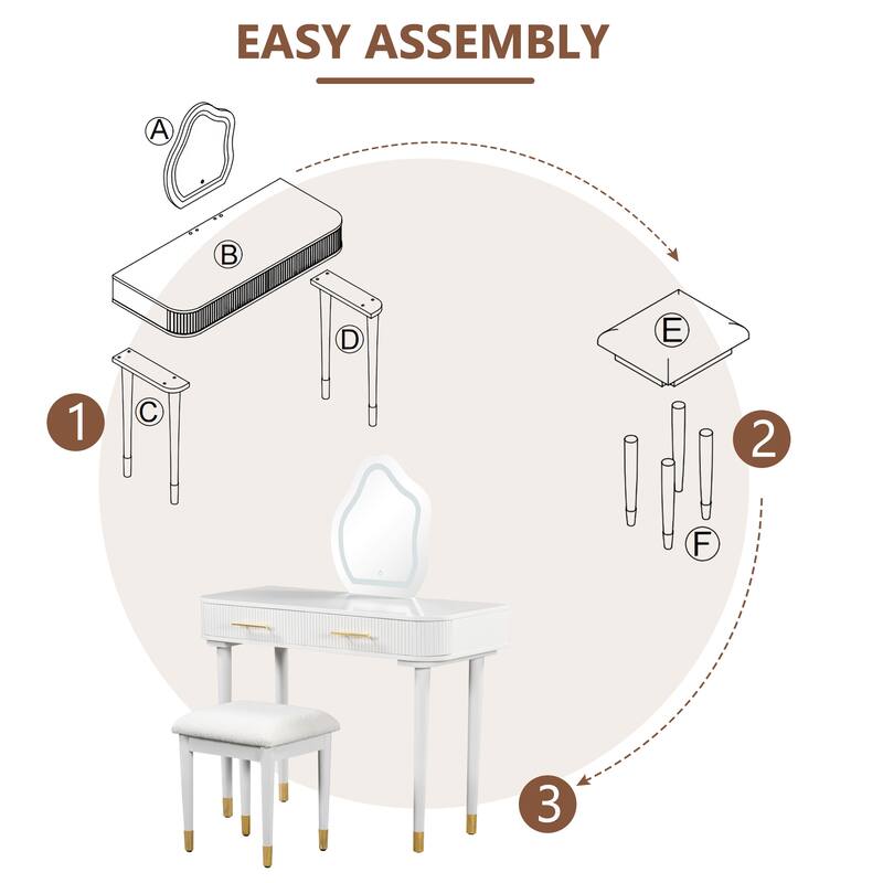 Vanity Table Set with Cushioned Stool, Dressing Table with Touch Screen LED Mirror, Makeup Table with 2 Drawers
