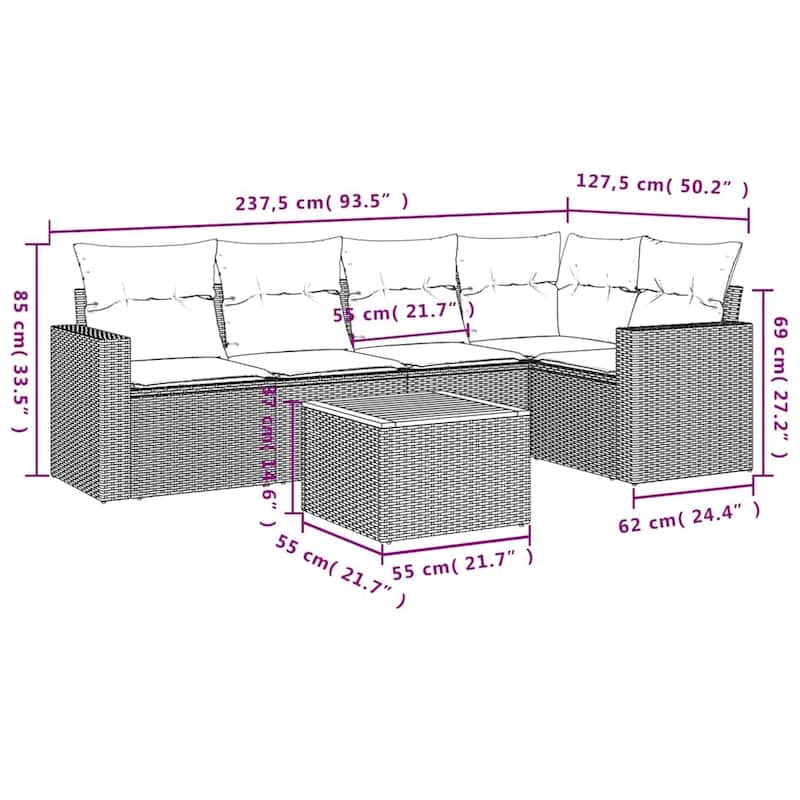 vidaXL 6 Piece Patio Sofa Set with Cushions Black Poly Rattan - 24.4 x 24.4 x 27.2