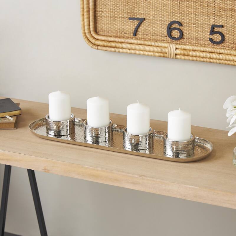 Stainless Steel Metal 4 Candle Candelabra with Attached Tray - Silver or Gold - Roche River Decor