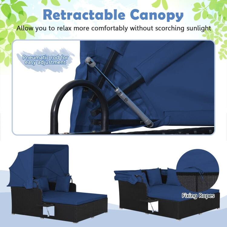 Outdoor Patio Daybed with Canopy and Foldable Side Trays - 65" x 60.5 x 58.5"