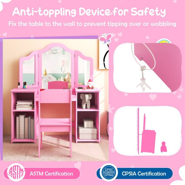 Kids Vanity Table and Chair Set with Removable Tri-Folding Mirror - 41" x 16" x 46"