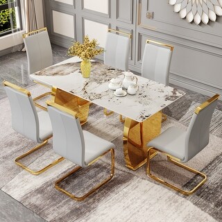 Modern Dining Table Set with Marble Pattern Table Top and PU High Back ...