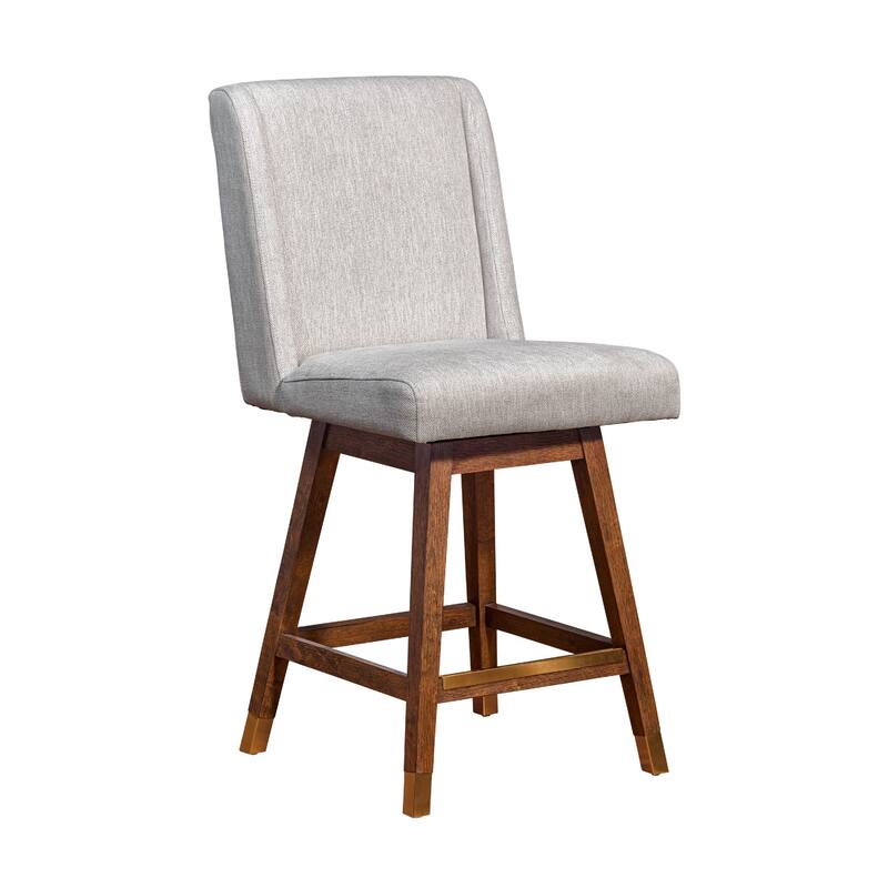 Tynn Swivel Counter Stool Chair, Beige Wingback, Brown Rubberwood