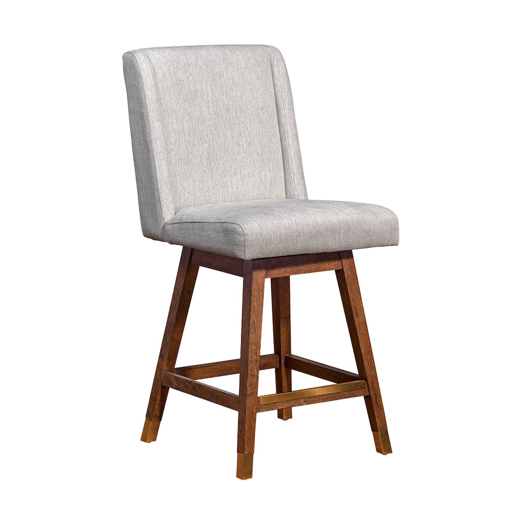 Tynn Swivel Counter Stool Chair, Beige Wingback, Brown Rubberwood