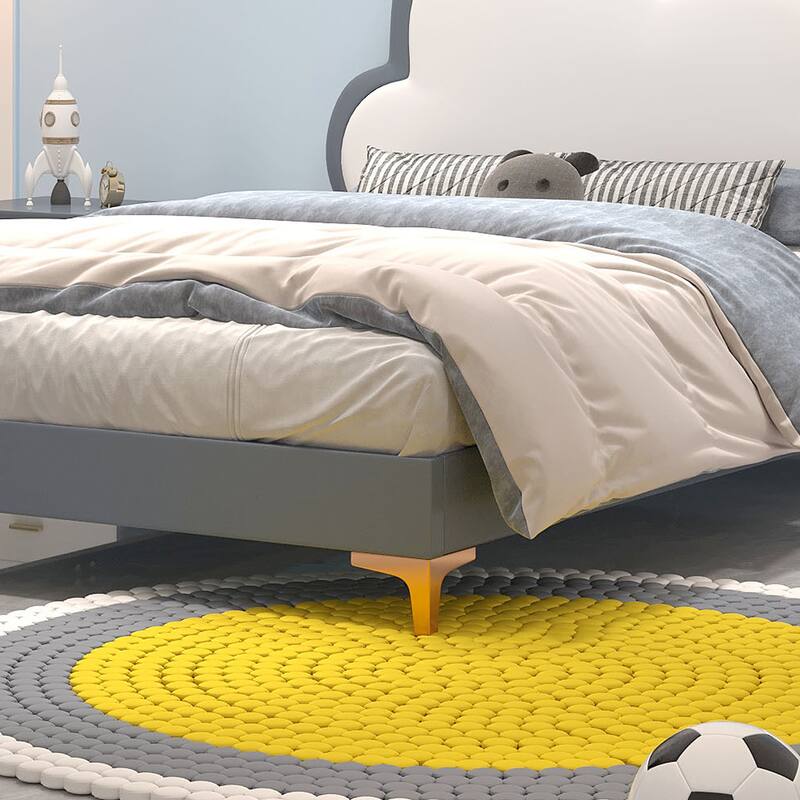 Queen Size Upholstered PU Leather Bed Frame, Kids Platform Bed with Elegant Flowers Headboard