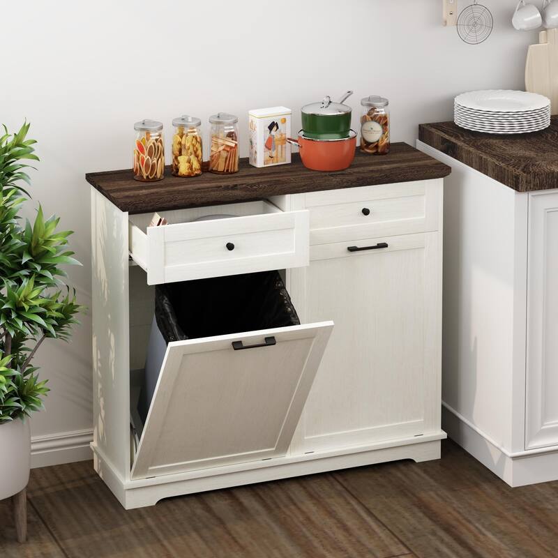20 Gallon Double Tilt Out Trash Can Cabinet Freestanding Trash Bin Cabinet Wood Garbage Recycling Cabinet with Hideaway Drawer