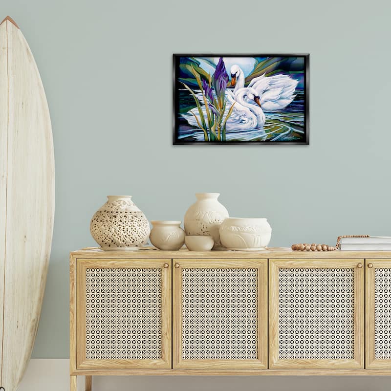Stupell Swans with Abstract Pond Ripples Framed Floater Canvas Wall Art Design By Jody Bergsma