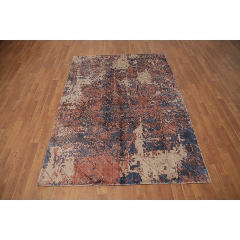 Hand Knotted Oriental Viscose Silk Carpet Modern Abstract Oranges & Rust Abstract Area Rug - 6' 7'' X 4' 8''