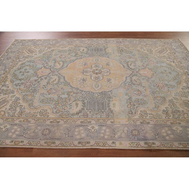 Antique Distressed Tabriz Persian Rug Home Decor Handmade Wool Carpet - 6'5" x 9'7"