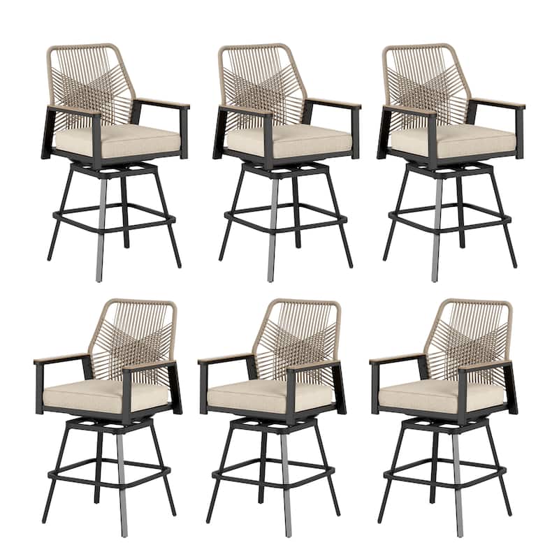 MAISON ARTS Modern Twill Wicker Woven Outdoor Bar Stool Chair Set, Counter Height Stool with Back and Cushion - 6-Piece Swivel