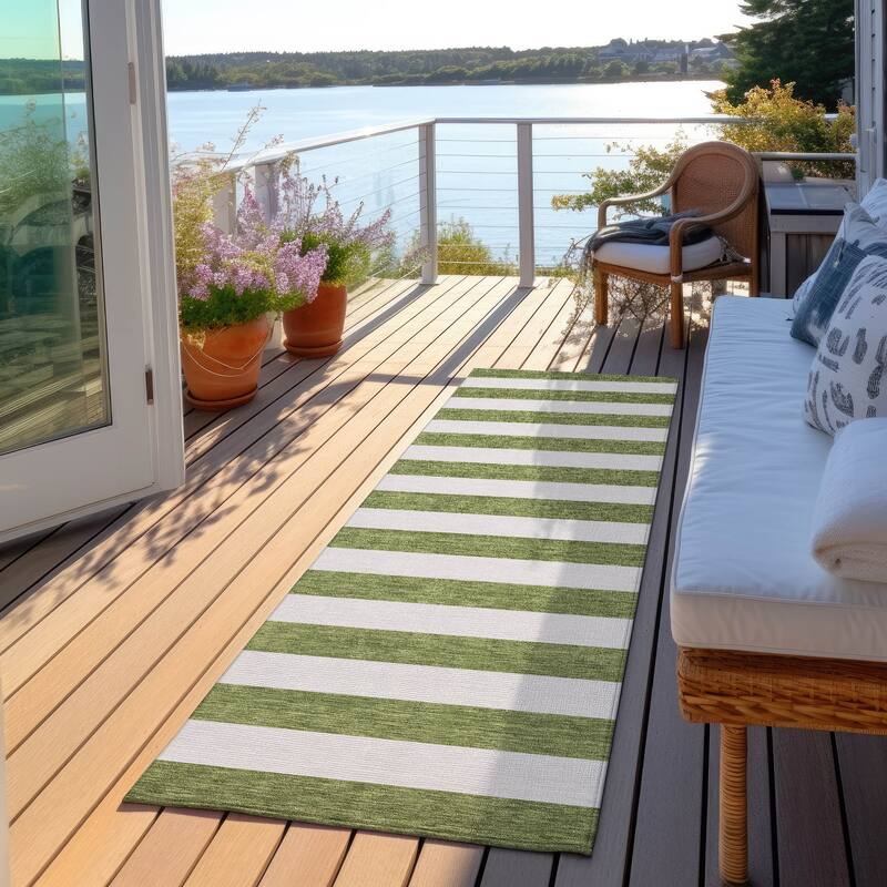 Machine Washable Indoor/ Outdoor Cabana Stripe Chantille Rug - Olive - 2'3" x 7'6"
