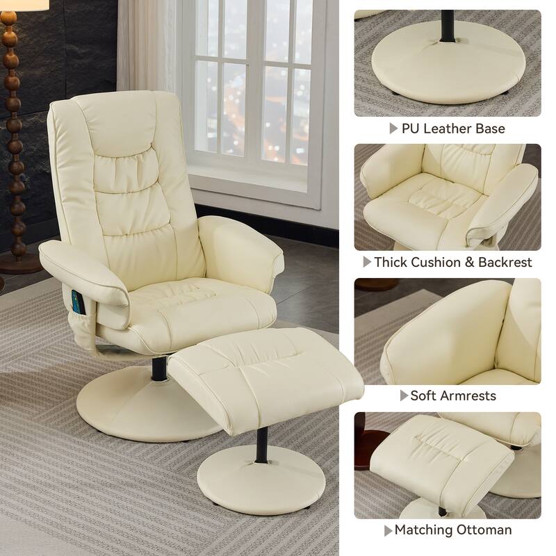 PU Leather 360° Swivel Massage Recliner Chair with Ottoman, Massage and Heated Seat