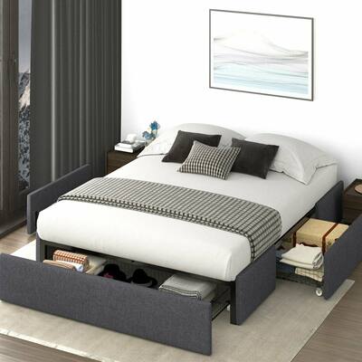 Queen Size Platform Bed Frame with 3 Storage Drawers, Dark Grey