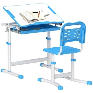 Height Adjustable Children School Study Desk with Tilt Desktop, Storage Drawer, Pen Slot, Hook, Ergonomic Table and Chair Set