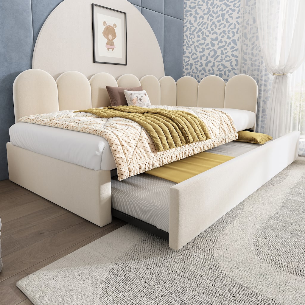 Velvet Upholstered Daybed with Pull Out Bed, Twin Size Single Sofa Bed Frame with Metal Slatted