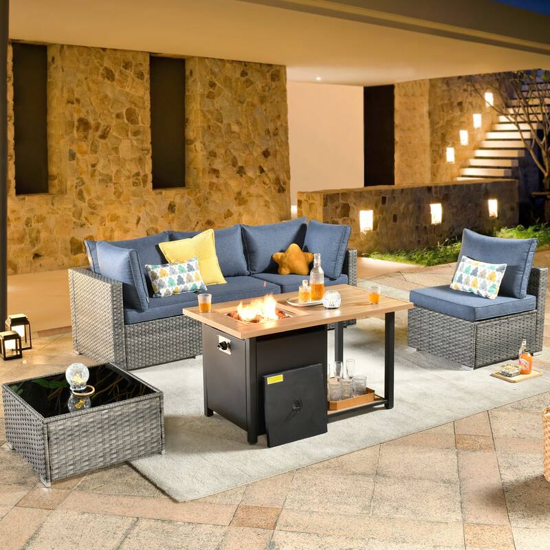 HOOOWOOO 4 Seater Grey Rattan Outdoor Furniture Fire Pit Set - Denim Blue