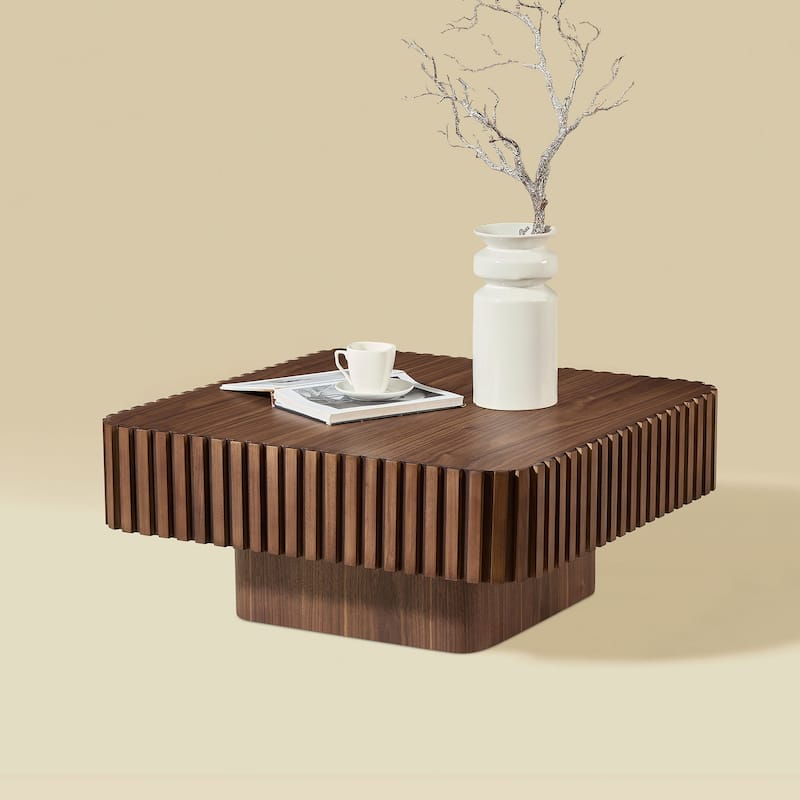 31.5 Inch Modern Handcraft Drum Coffee Table Square Coffee Table for Living Room - Walnut