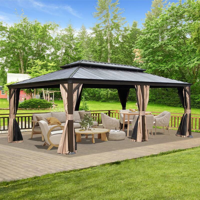 14' X 22' Hardtop Gazebo with Drainage System, Galvanized Steel Roof, Curtains & Netting for Outdoor Patio, Garden Shelter
