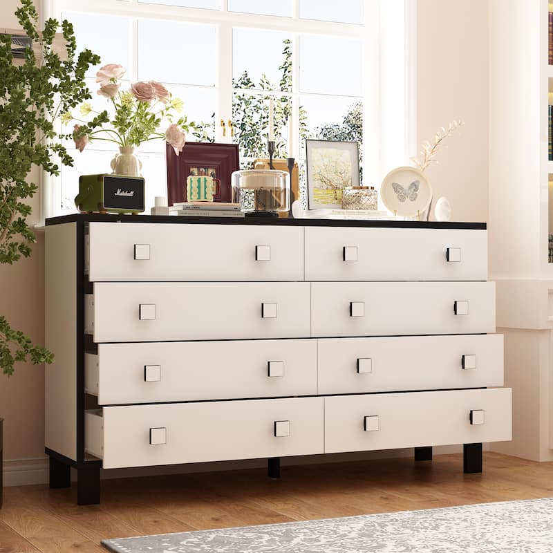 63" Modern 8 Drawer Dresser, Black & White Double Wide Bedroom Storage Chest