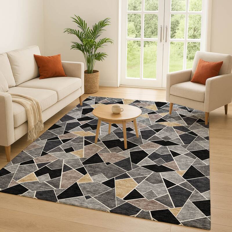 Machine Washable Indoor/ Outdoor Modern Mosaic Chantille Rug