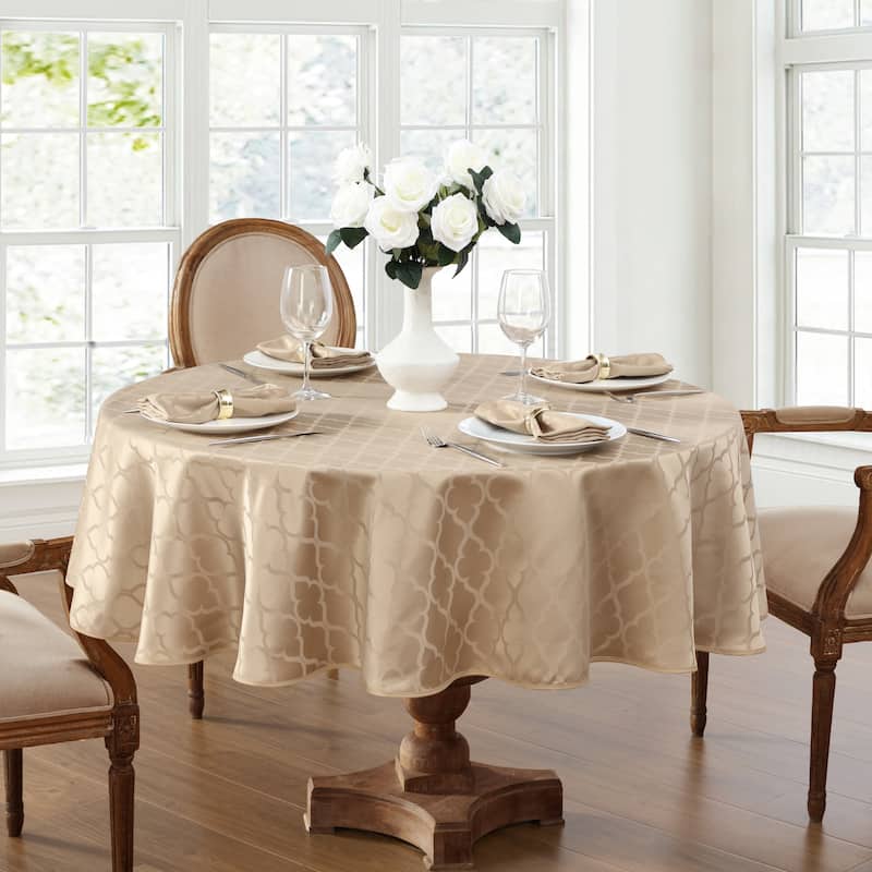 HLC.me Modena Lattice Fabric Tablecloth, Jacquard Fabric Table Cloth for Round Rectangle Table Advanced Water & Fade Resistance - 70" Round - Taupe
