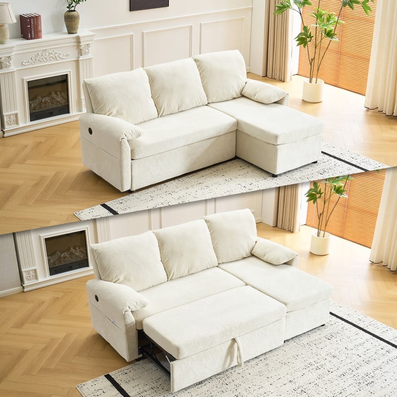 Modern L-Shaped Upholstered Velvet Sleeper Sectional Sofa bed with Chaise and Queen Pull Out Bed