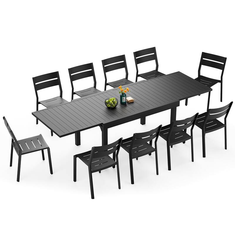 5/7/11-piece Set Outdoor Aluminum Extendable Patio Dining Table with Stackable Chairs - Black table - 106.2 inches long