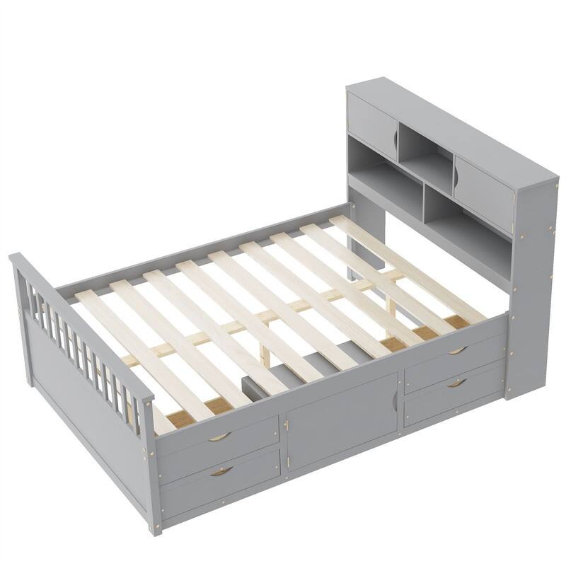 Twin/Full Size Captain Platform Bed with 4 Drawers and Storage Bookcase Headboard, Solid Wood Bed Frame with Storage Shelves