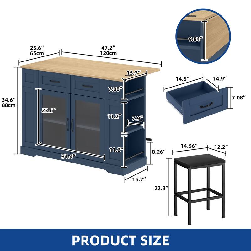 Moasis 47 Inch Mobile Storage Kitchen Island with 2 Seating,Rolling Islands Table with Power Outlet